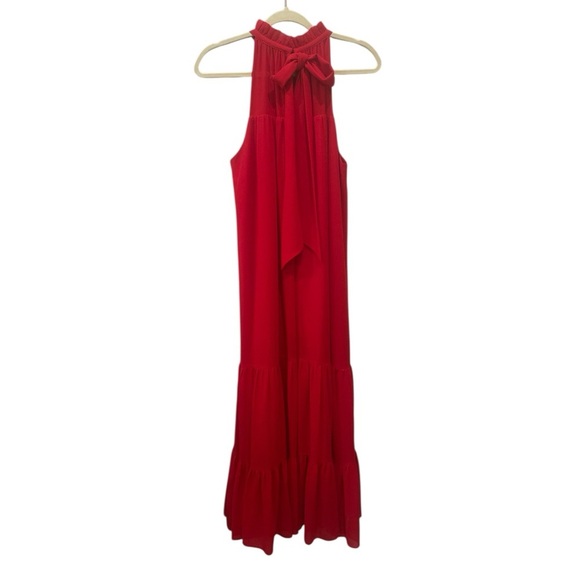 Alex Marie Vibrant Red Halter Maxi Dress Back Tie Ruffles Christmas Event Sz 8 - Picture 3 of 10